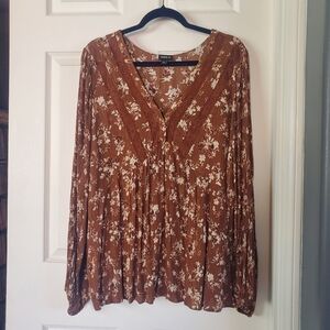 Torrid Brown Floral Blouse Babydoll Peasant Bohemian Loose Fit Pullover Size 2